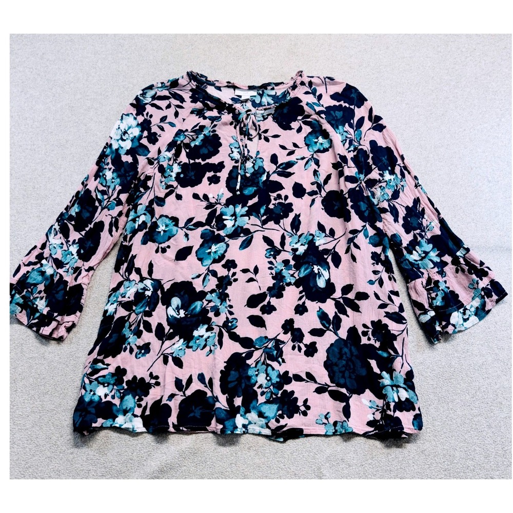J Jill Womens L Beautiful Blooms Floral Blouse Pink Teal Ruffle Bell Sleeve
